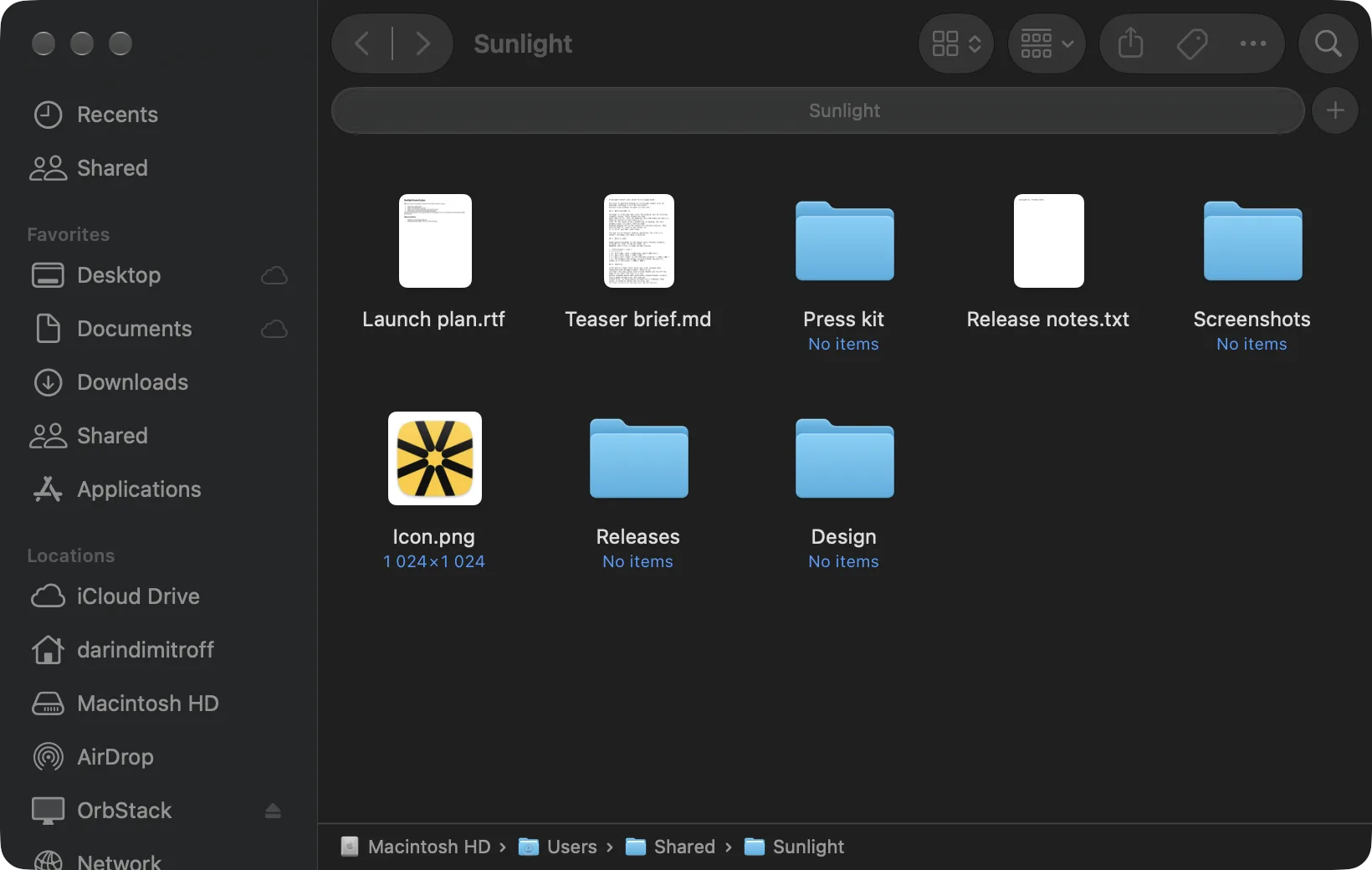 Finder showing a Sunlight project folder
