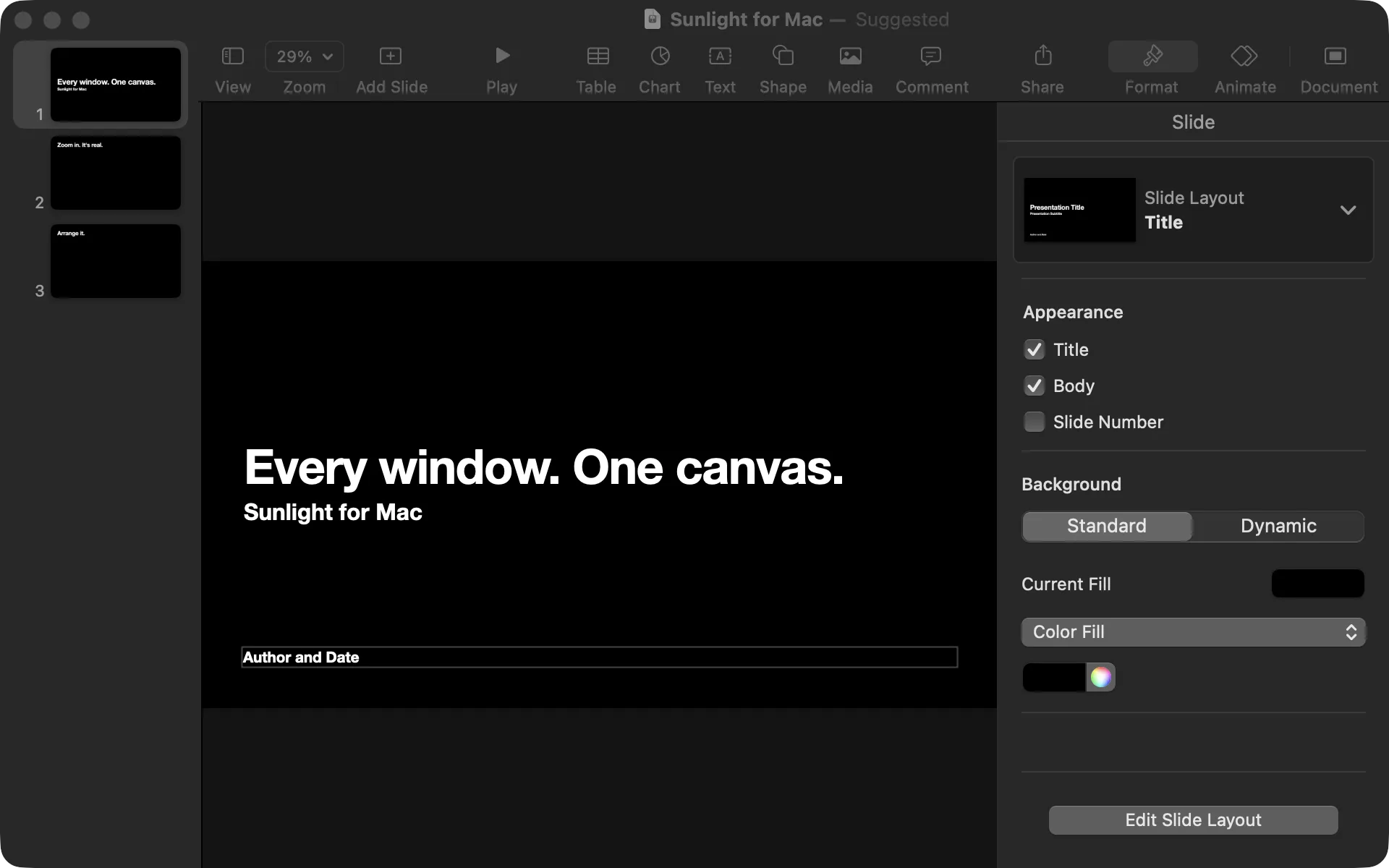 Keynote with a title slide, Every window. One canvas.