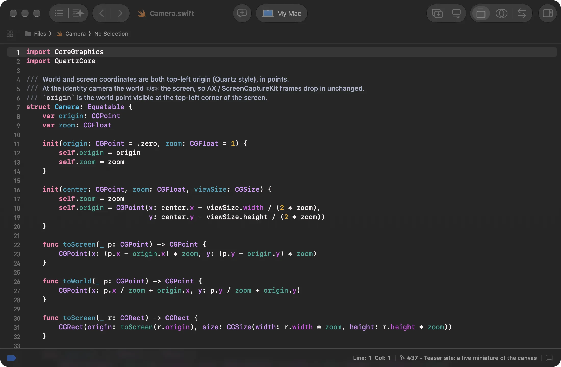 Xcode editing Camera.swift